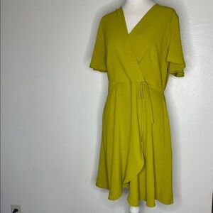 Monteau faux wrap short flutter sleeve summer mini dress mustard yellow XL